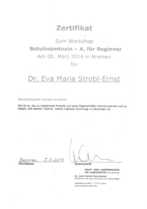 Zertifikat Fortbildung Botox Dr. Eva Maria Strobl 03-2016