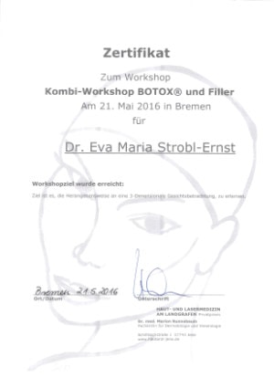 Zertifikat Fortbildung Botox und Hyaluron Filler Dr. Eva Maria Strobl 05-2016