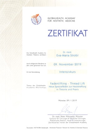 Zertifikat Fortbildung Fadenlifting Dr. Eva Maria Strobl 11-2019