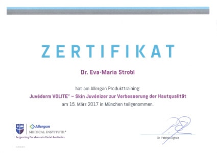 Zertifikat Fortbildung Juvederm Volite Dr. Eva Maria Strobl 03-2017