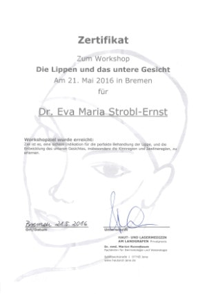 Zertifikat Fortbildung Lippen und unteres Gesicht Dr. Eva Maria Strobl 05-2016