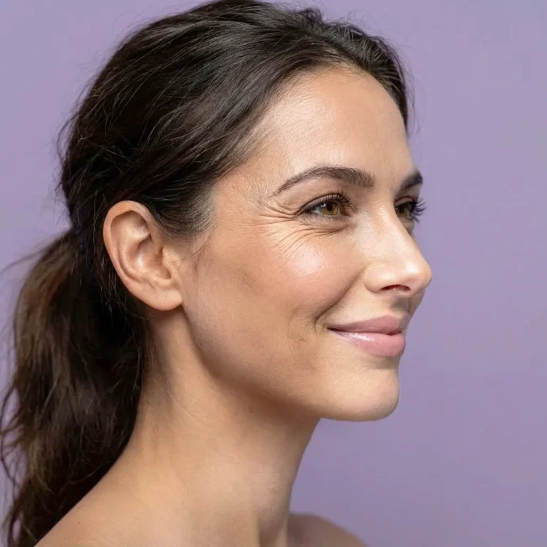 Seitliche Ansicht einer Frau mit deutlich sichtbaren Krähenfüßen