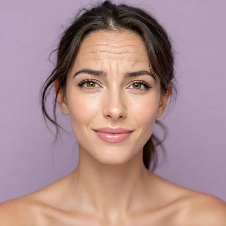 Gesicht einer Frau von vorne, mit deutlich sichtbaren Stirnfalten